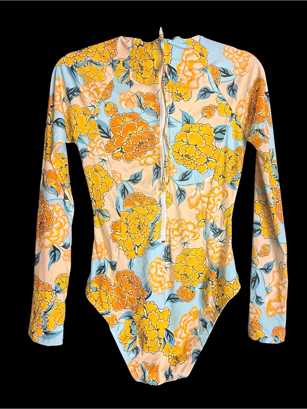 Hobie Surf Floral Long Sleeve One-Piece Swimsuit - Yellow & Light Blue Zip Up - Picture 2 of 4